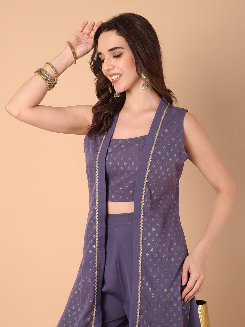 Printed Top with Front Open Embellished Shrug With Sahara Set
