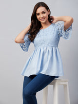 Solid Blue and Flower Lace Gathered A-Line Top