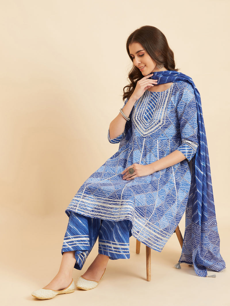 Blue Cotton Flared Kurta With Palazzo & Dupatta Sharara Set