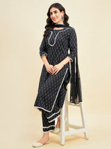 Black Cotton Straight Calf Length Kurta With Palazzo Dupatta Set