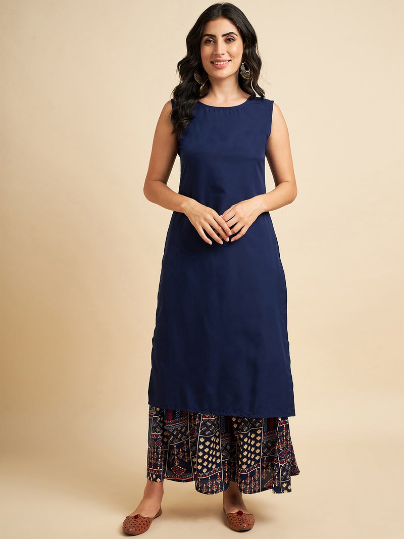 Blue Straight Kurta With Palazzo and Jacket