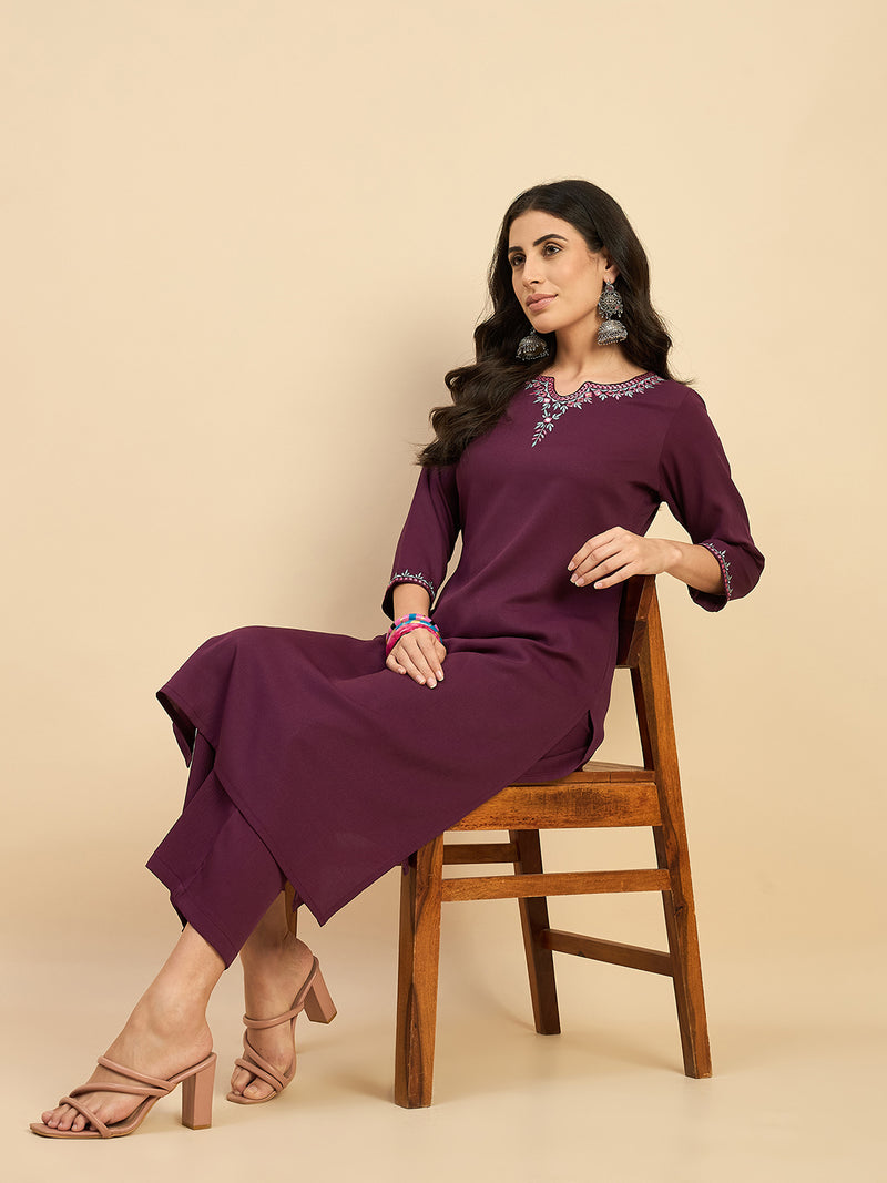 Solid Embroidered Kurta With Palazzo Set