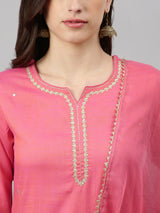 Solid Pink Embroidered Side Slit Straight Kurta