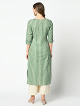 Green Striped Embroidered Side Slit Straight Kurta