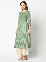 Green Striped Embroidered Side Slit Straight Kurta