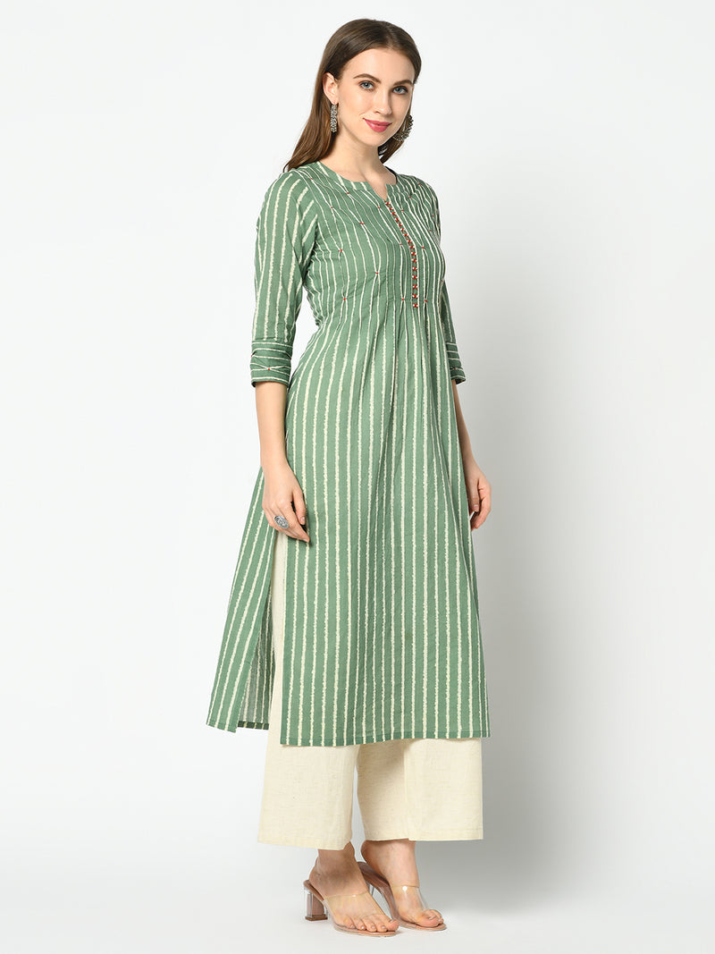 Green Striped Embroidered Side Slit Straight Kurta