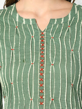 Green Striped Embroidered Side Slit Straight Kurta