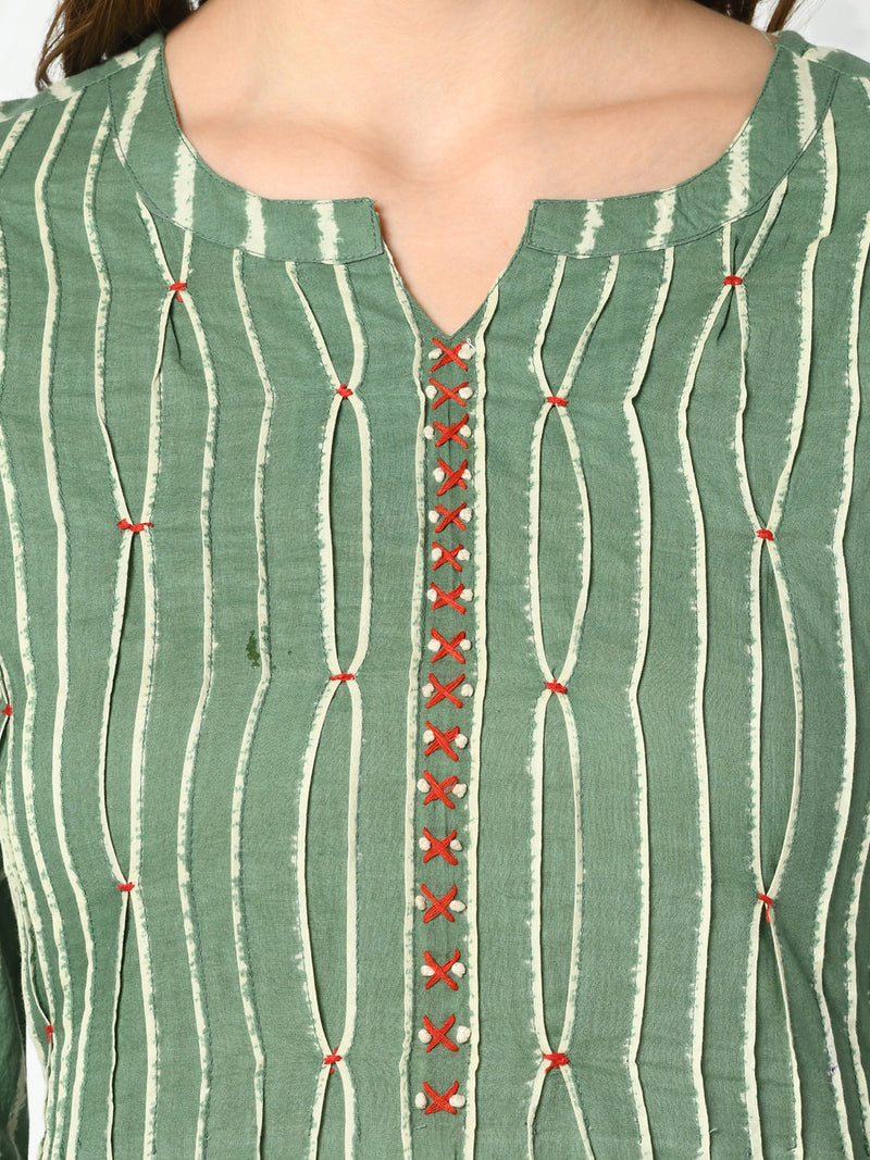 Green Striped Embroidered Side Slit Straight Kurta