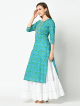 Green and White Bandhani Printed Side Slit Kurta and Flared Skirt Set