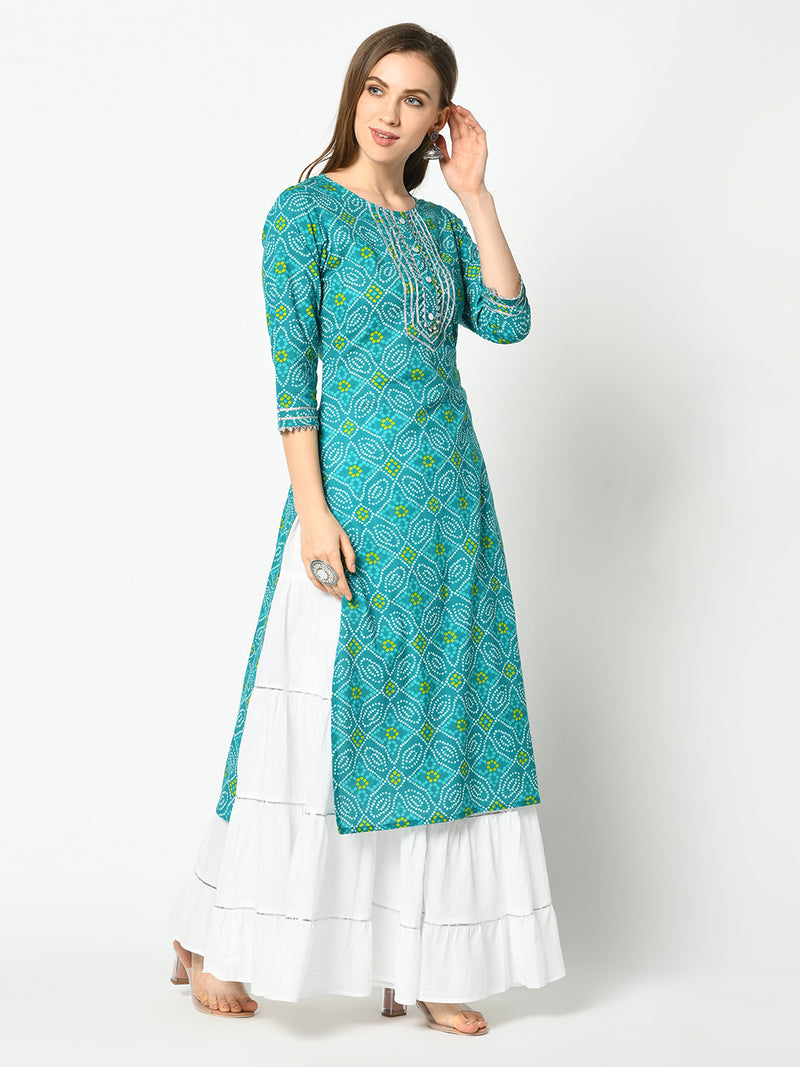 Green and White Bandhani Printed Side Slit Kurta and Flared Skirt Set