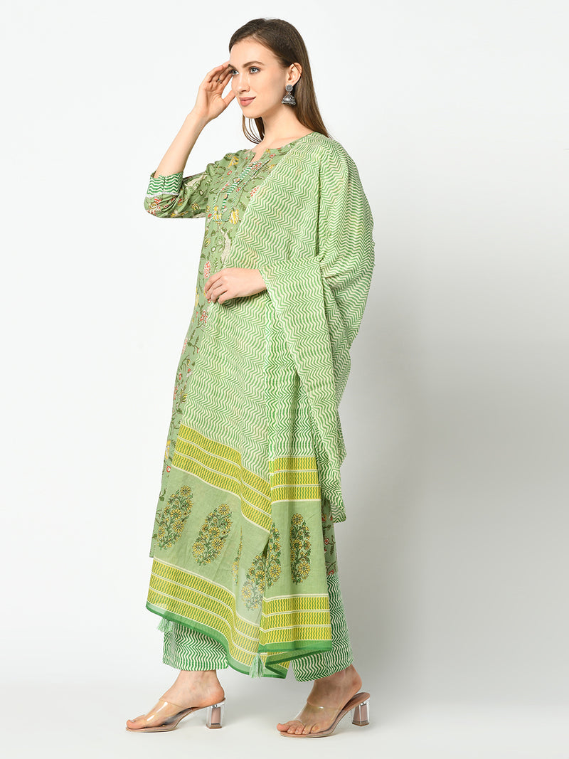 Green Floral Printed Straight and Palazzo Kurta Set with Dupatta