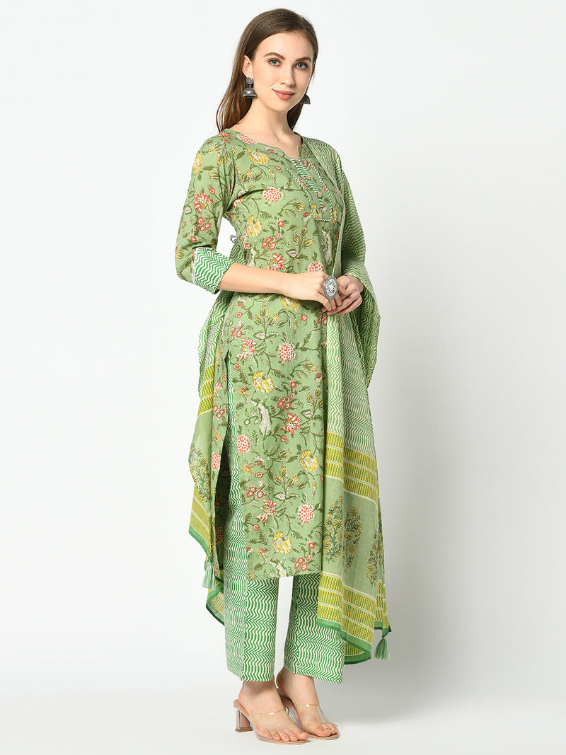 Green Floral Printed Straight and Palazzo Kurta Set with Dupatta