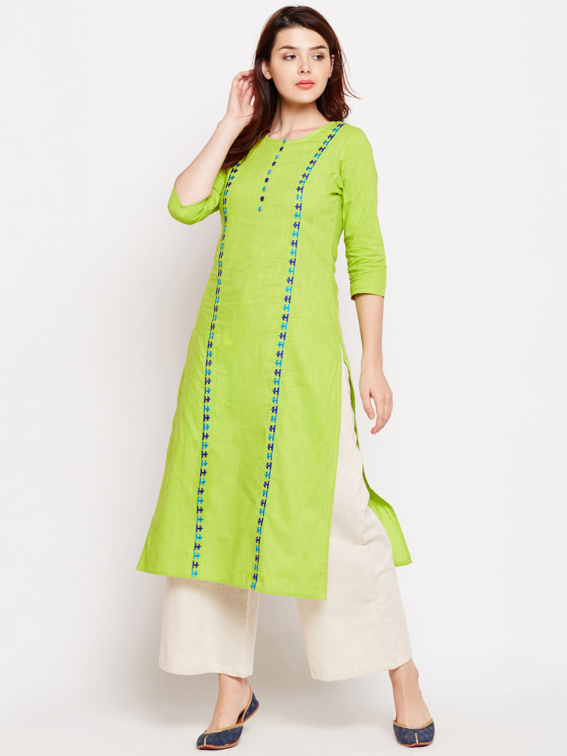 Lime Green Embroidered Straight Kurta