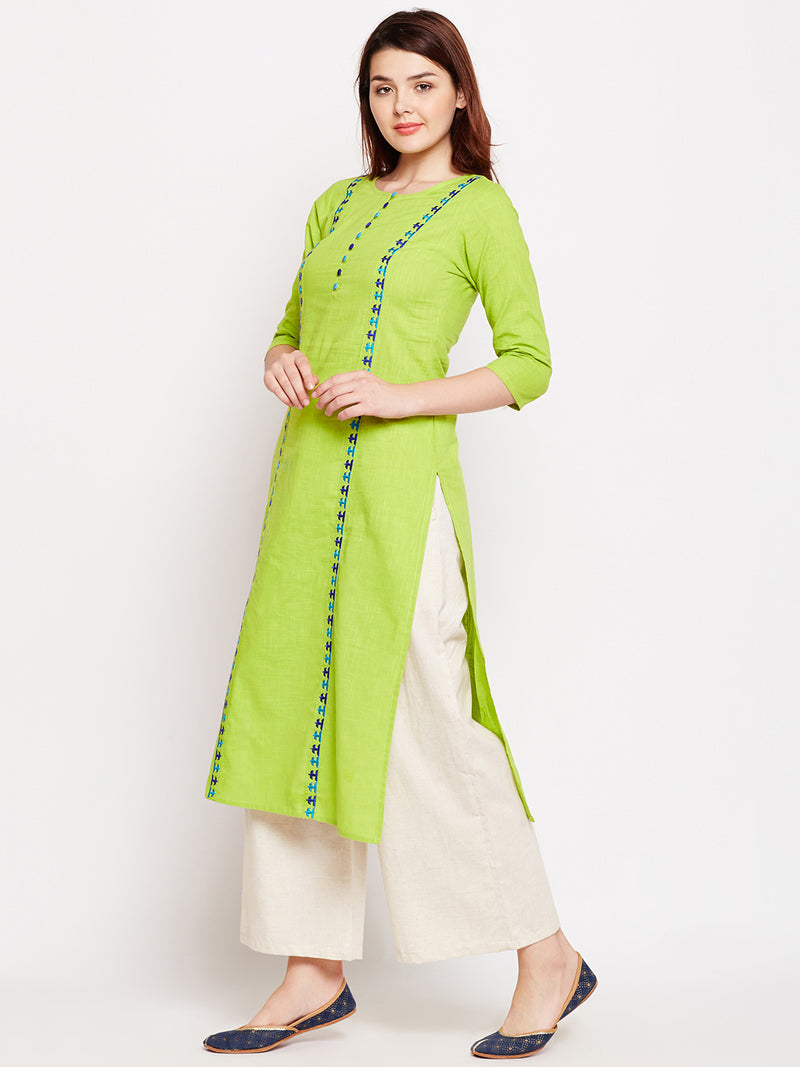 Lime Green Embroidered Straight Kurta