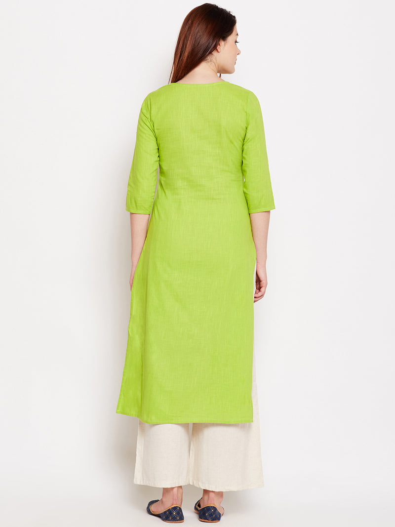 Lime Green Embroidered Straight Kurta