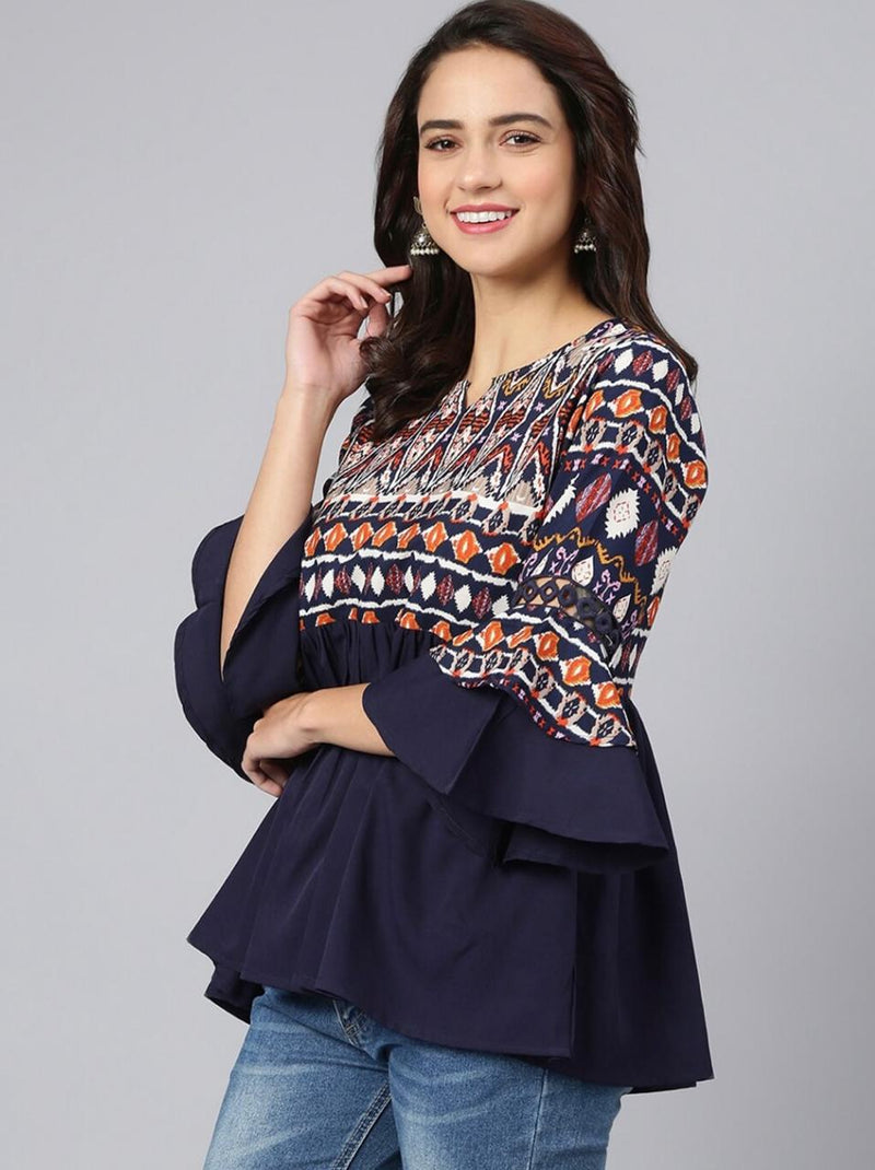 Navy Blue Printed Crepe Top