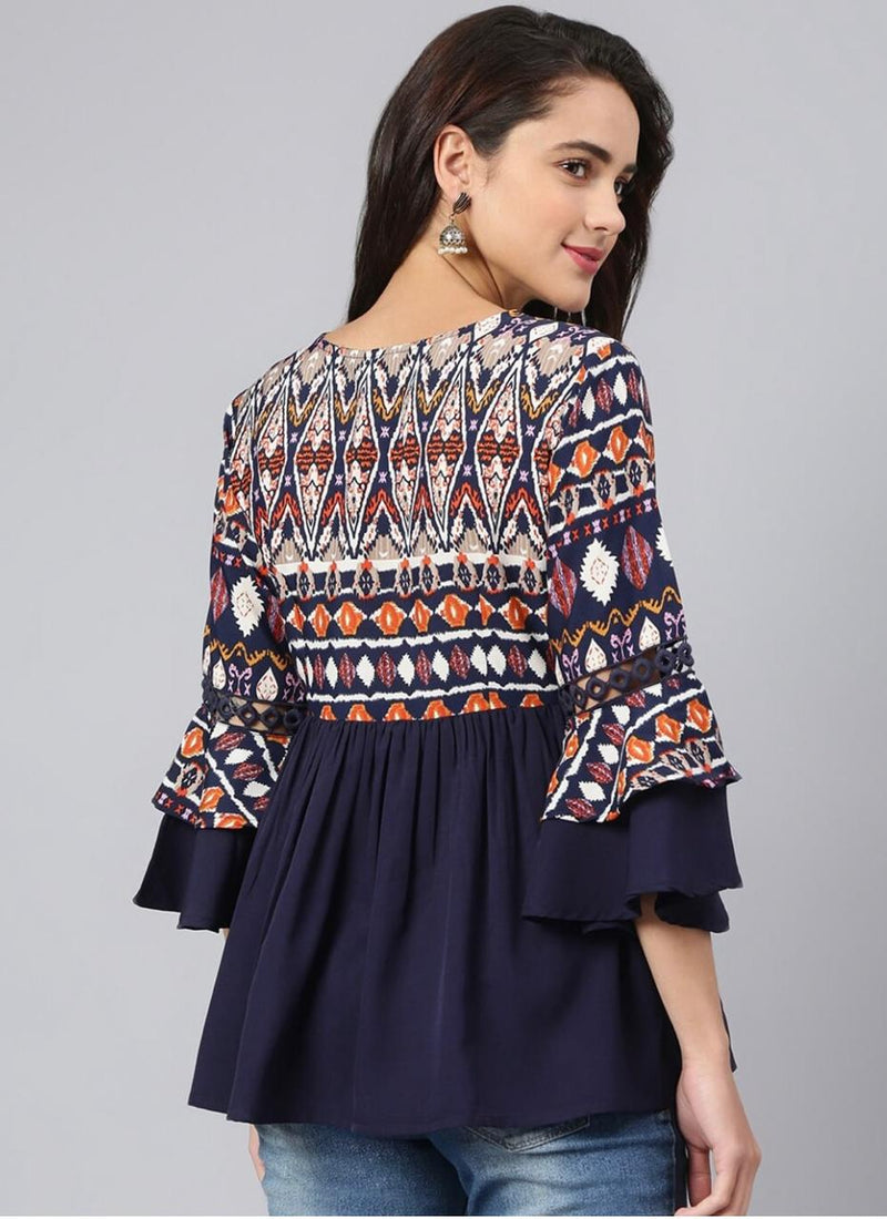 Navy Blue Printed Crepe Top