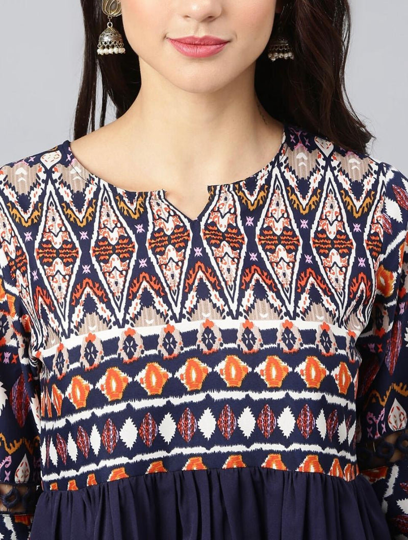 Navy Blue Printed Crepe Top