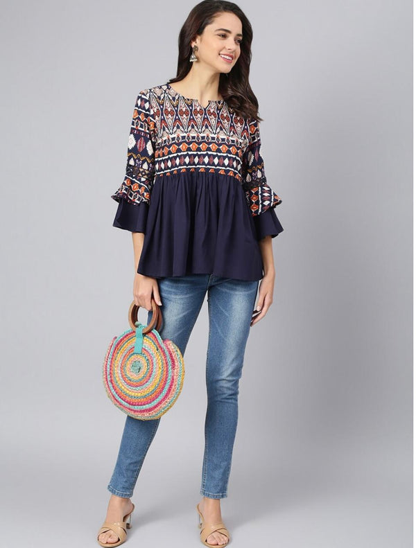 Navy Blue Printed Crepe Top