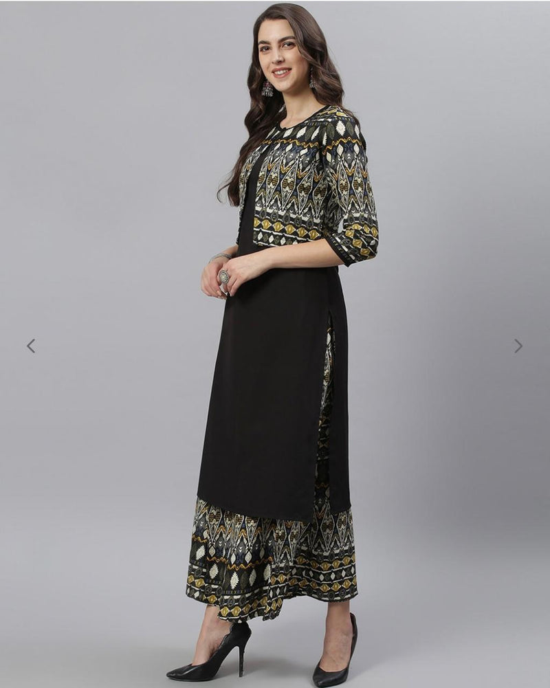 Black & Grey Solid Kurta With Palazzo & Jacket