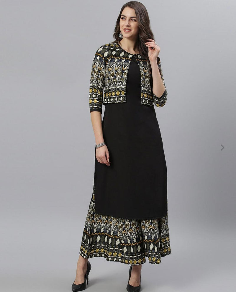 Black & Grey Solid Kurta With Palazzo & Jacket