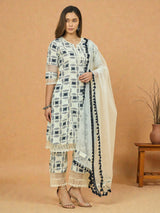 Azira Cotton Printed A-Line Kurta with Palazzo & Net Dupatta | Pom-Pom Lace Border | 3/4 Sleeve Ethnic Set for Women