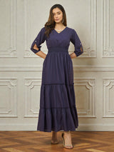 Azira Solid Rayon V-Neck Tiered Maxi Dress
