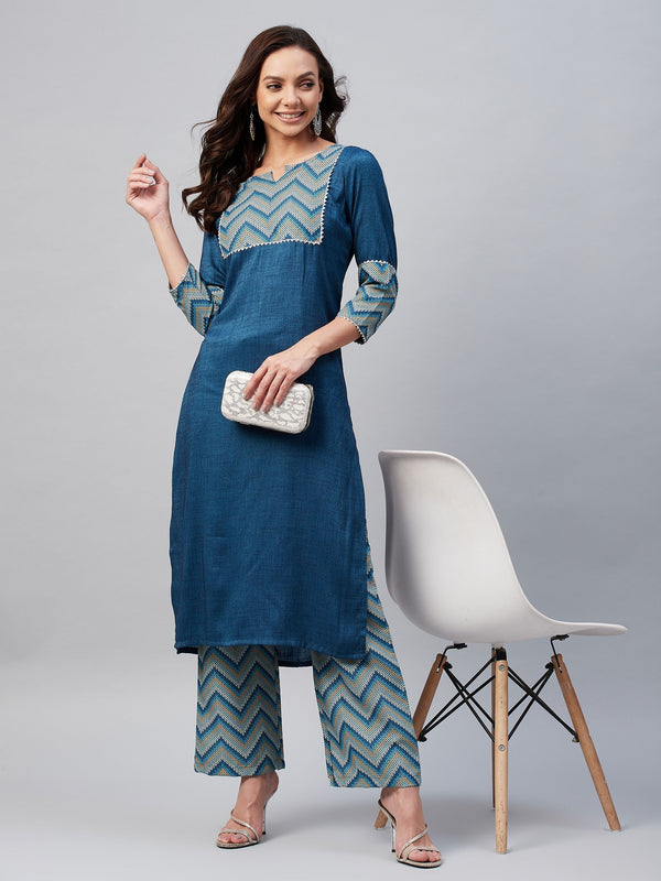 Blue And Yellow Chevron Printed Side Slit Straight Kurta Palazzo Set