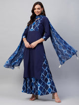 Blue And White Geometric Printed Side Slit Straight Kurta Palazzo And Dupatta Set