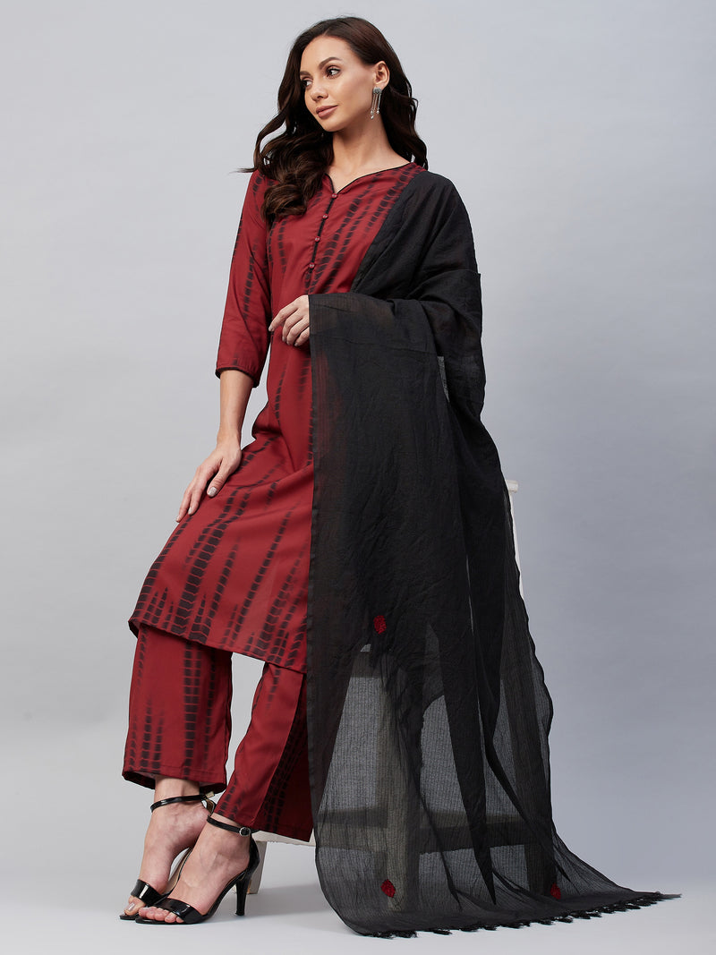 Maroon And Black Shibori Printed Side Slit Straight Kurta Palazzo And Dupatta Set