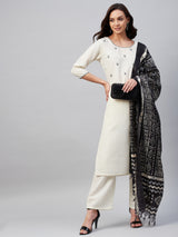 White Embroidered Side Slit Kurta Palazzo And Dupatta Set