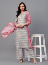 Grey And Pink Floral Printed Side Slit Straight Kurta Palazzo And Dupatta Set