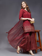 Foil Print Short Kurta With Sharara And Dupatta