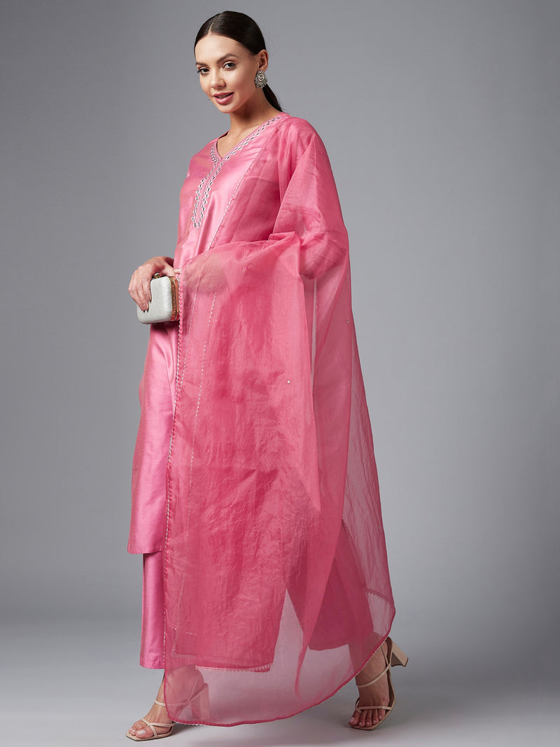 Pink Solid Embroidred Side Slit Straight Kurta Palazzo And Dupatta Set