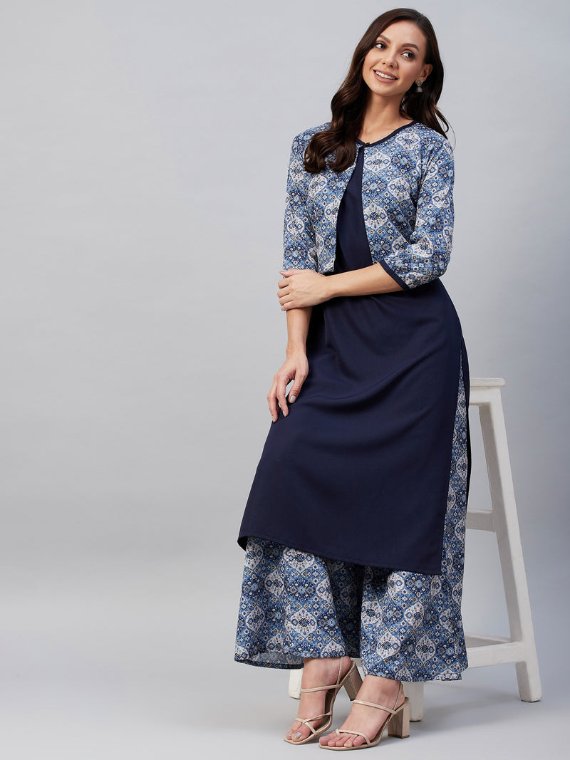 Navy Blue Ethnic Printed Side Slit Straight Kurta Palazzo And Jacket Set