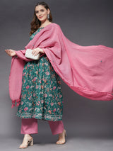 Cotton Gathered Kurta With Trouser And Dupatta