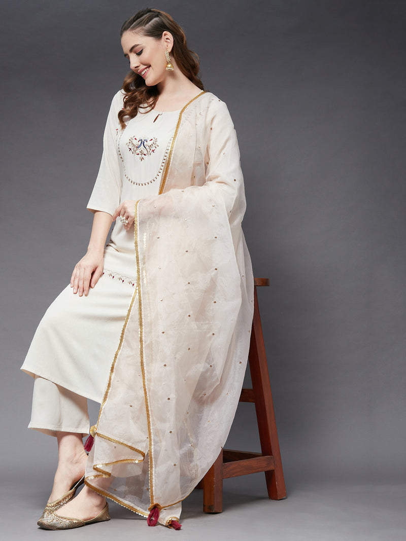 Embroidered Kurta With Pant And Dupatta