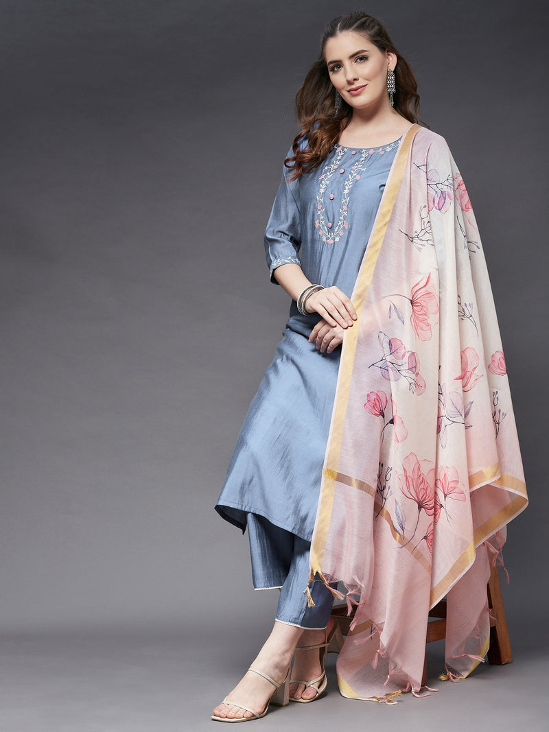 Off-White Checks Printed A-Line Kurta And Florla Printed Palazzo