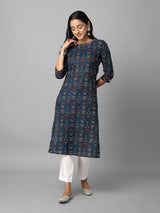 Dark Blue And Rust Ethnic Printed Side Slit Straight Kurta Having Mirror Work On Neck