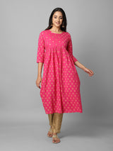 Gold Printed Magenta Ethnic Printed Gathered A-Line Kurta