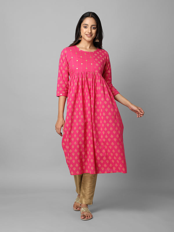 Gold Printed Magenta Ethnic Printed Gathered A-Line Kurta