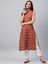 Rust And White Geometric Printed Side Slit Button Down Straight Kurta