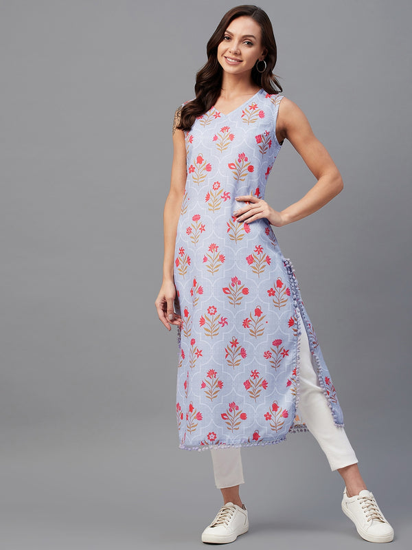 Lavender Floral Printed Sleeveless Side Slit Straight Kurta