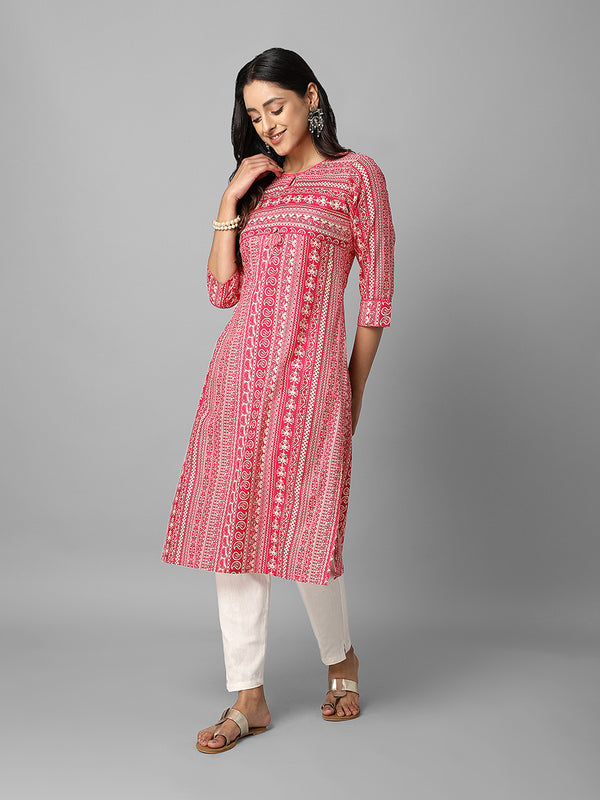 Pink And Cream Abstract Printed Side Slit Straight Kurta