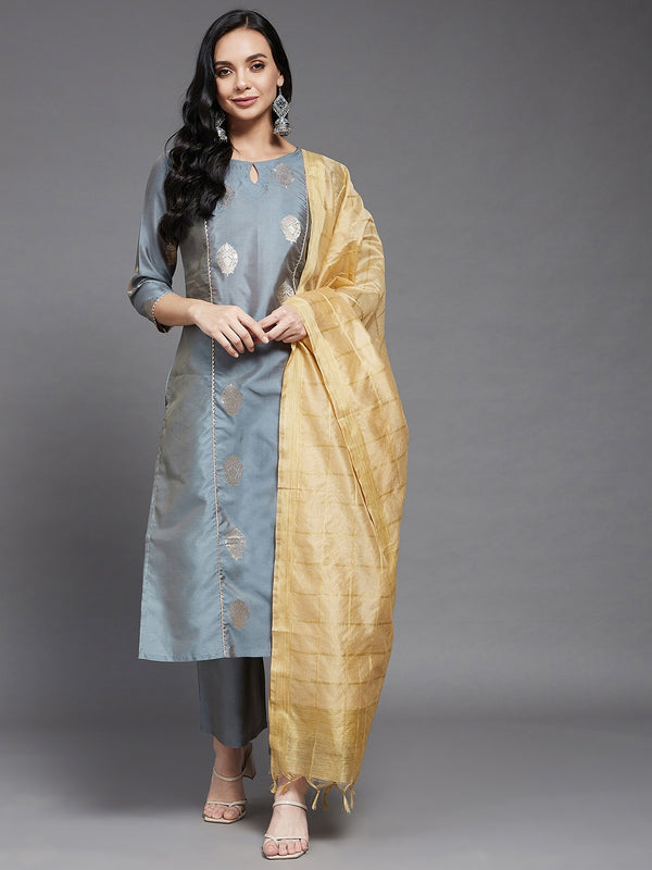 Grey Gold Printed Side Slit Straight Kurta And Solid Palazzo And Dupatta Set