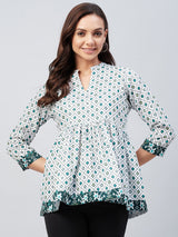 White And Green Geometric Printed Gathered A-Line Top