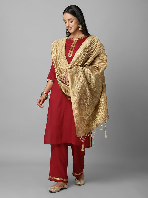 Red And Gold Solid Side Slit Straight Kurta Palazzo And Dupatta Set