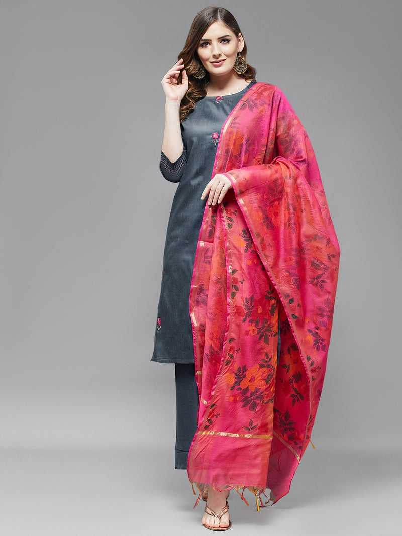 Embroidered Kurta With Trouser And Printed Dupatta