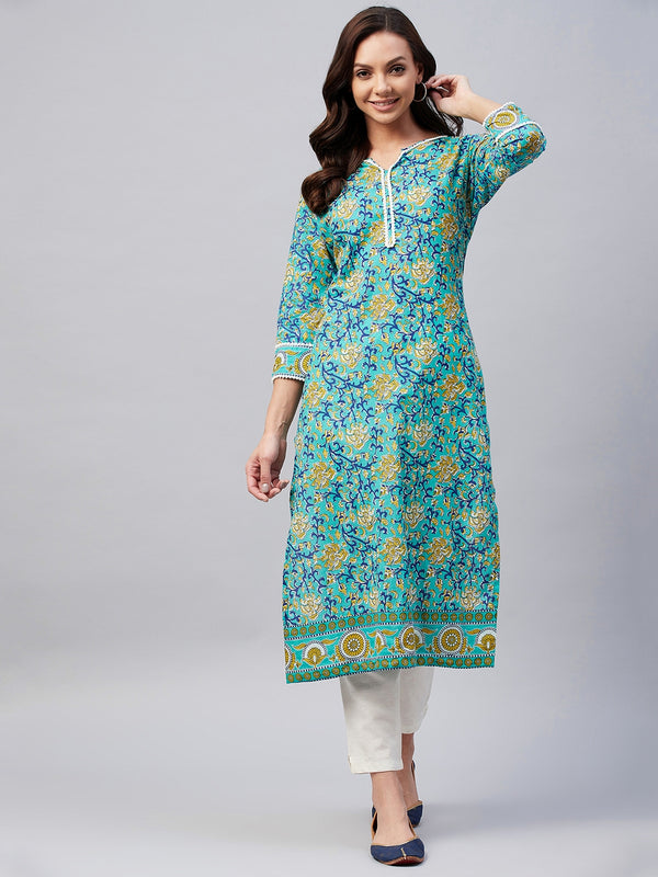 Green Floral Printed Side Slit Straight Kurta