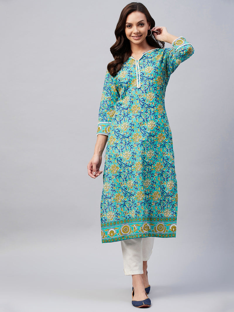 Green Floral Printed Side Slit Straight Kurta